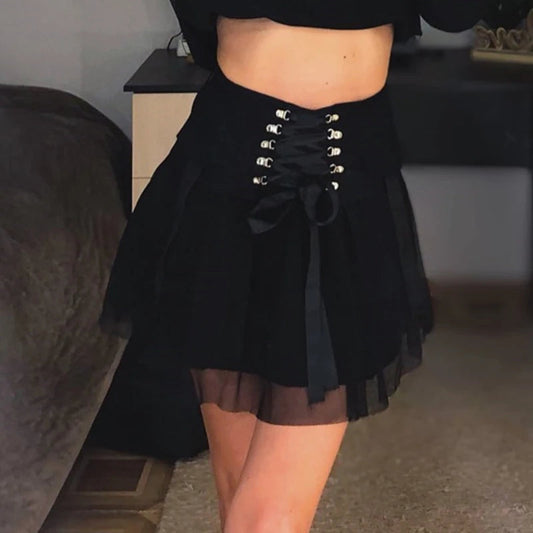 Y2k Dark Straps Female Style Harajuku Mesh Summer Black High Waist A-line Skirt