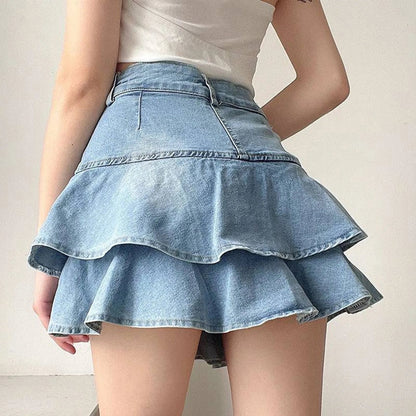 Light Blue Ruffled Denim Skirt