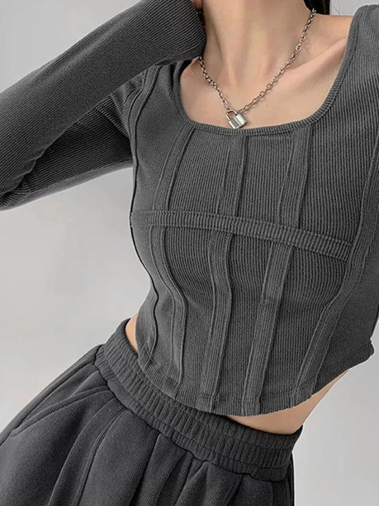 Y2k T-shirt Crop Tops Spring Long Sleeve O Neck Cotton Shirts Bustier Harajuku Pullover