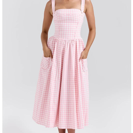 Sleeveless Plaid Fit and Flare Maxi Dress