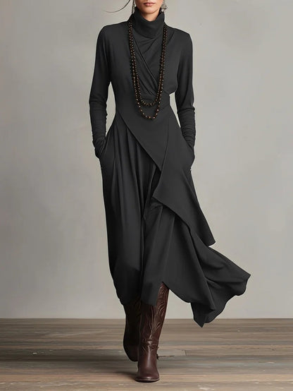 Purple High-neck Asymmetrical Pleated Maxi Dress