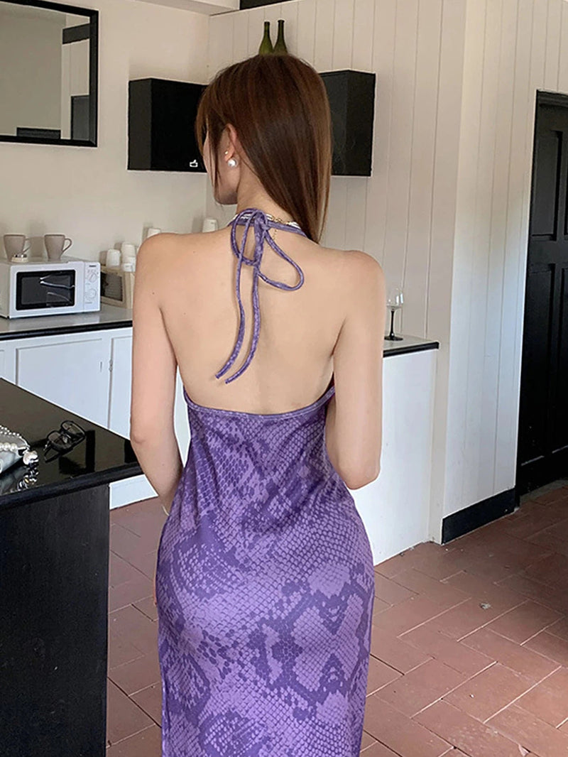 Animal Print Halterneck Backless Split Maxi Dress