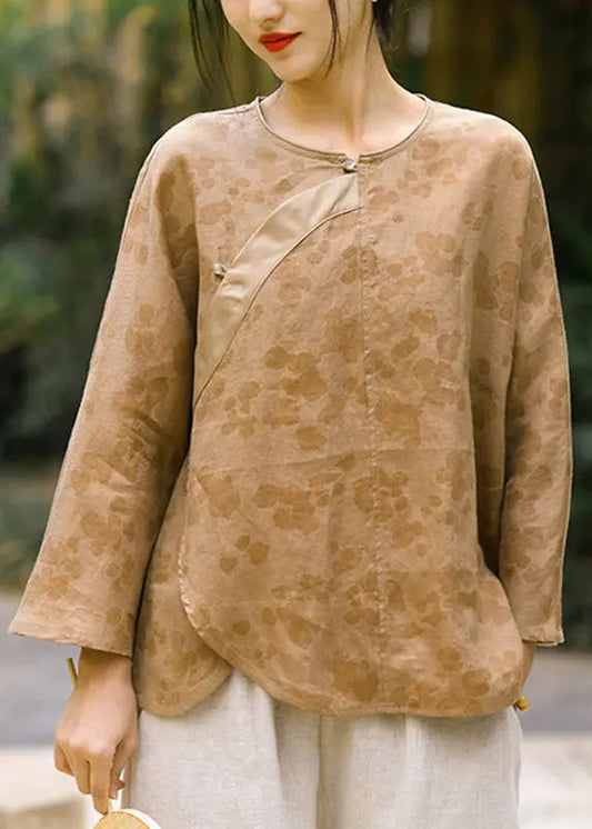Yellow Button Print Linen Blouses O Neck Long Sleeve Cg1045