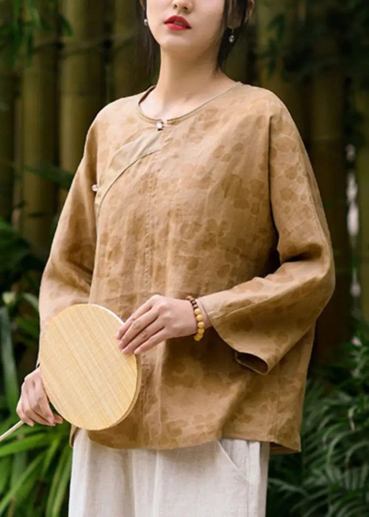 Yellow Button Print Linen Blouses O Neck Long Sleeve Cg1045
