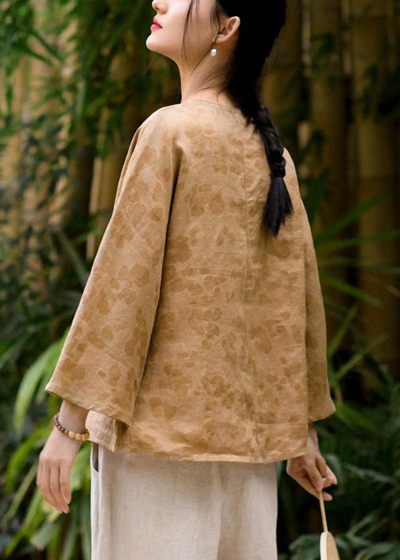 Yellow Button Print Linen Blouses O Neck Long Sleeve Cg1045