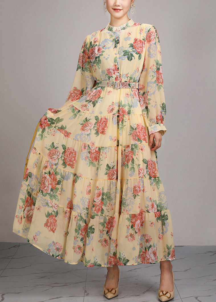 Yellow Button Sashes Cotton Long Dress Stand Collar Fall Ar1030