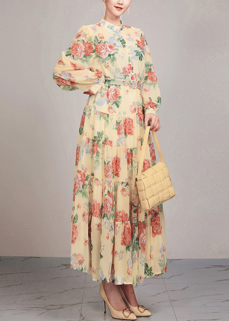 Yellow Button Sashes Cotton Long Dress Stand Collar Fall Ar1030
