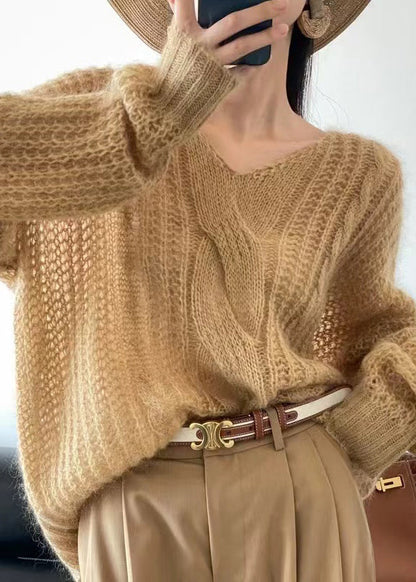 Yellow Cozy Knit Pullover Sweater V Neck Winter Wq049