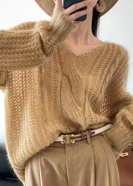 Yellow Cozy Knit Pullover Sweater V Neck Winter Wq049
