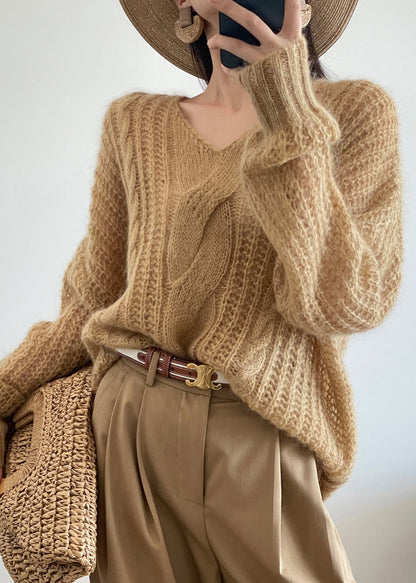 Yellow Cozy Knit Pullover Sweater V Neck Winter Wq049