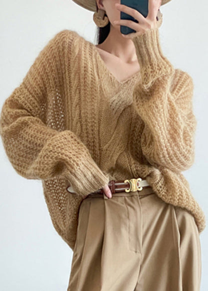 Yellow Cozy Knit Pullover Sweater V Neck Winter Wq049