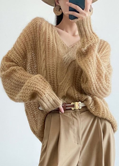 Yellow Cozy Knit Pullover Sweater V Neck Winter Wq049