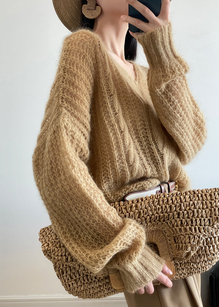 Yellow Cozy Knit Pullover Sweater V Neck Winter Wq049