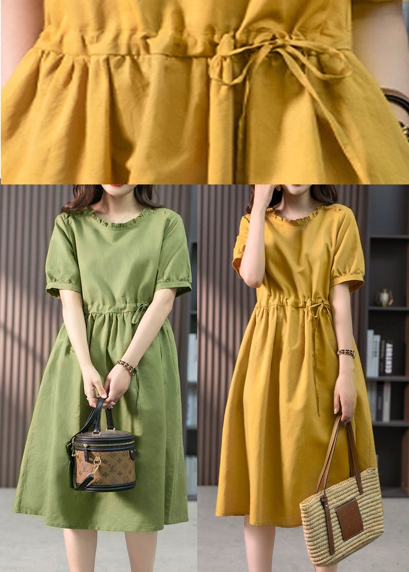 Italian Green Ruffled Linen Long Dresses Summer Ly1751