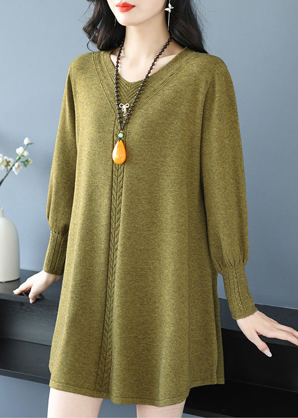 Yellow Green V Neck Cozy Cotton Knit Sweater Te031