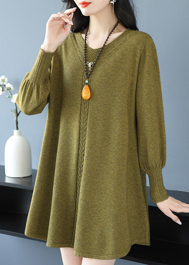 Yellow Green V Neck Cozy Cotton Knit Sweater Te031