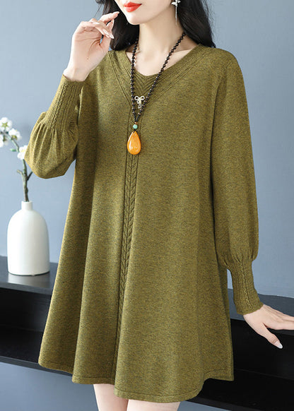 Yellow Green V Neck Cozy Cotton Knit Sweater Te031