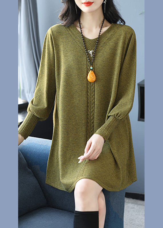 Yellow Green V Neck Cozy Cotton Knit Sweater Te031