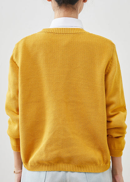 Yellow Knit Cardigans Embroidered Button Spring Yu1042