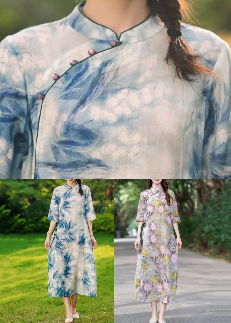 Blue Button Print Lace Up Linen Long Dresses Summer Cg1029