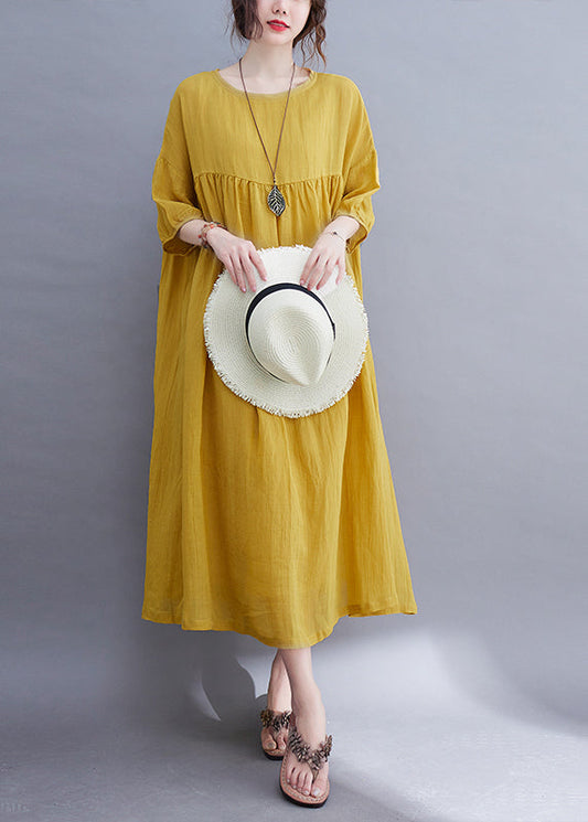 Yellow O-neck Wrinkled Maxi Dress Half Sleeve Uu017