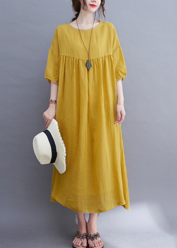 Yellow O-neck Wrinkled Maxi Dress Half Sleeve Uu017