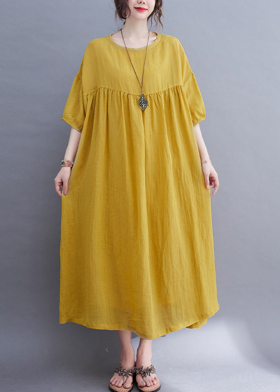 Yellow O-neck Wrinkled Maxi Dress Half Sleeve Uu017