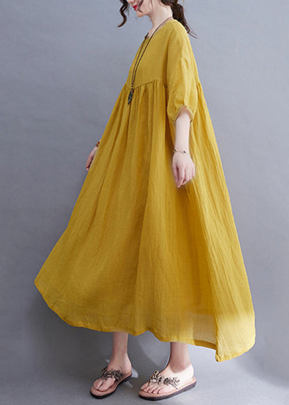 Yellow O-neck Wrinkled Maxi Dress Half Sleeve Uu017