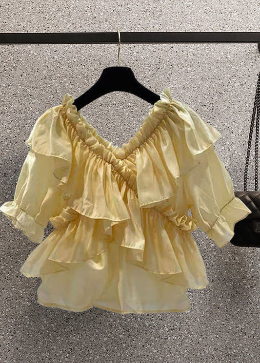 Yellow Patchwork Chiffon Blouses Ruffled V Neck Summer Ly0613