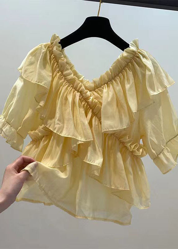 Yellow Patchwork Chiffon Blouses Ruffled V Neck Summer Ly0613