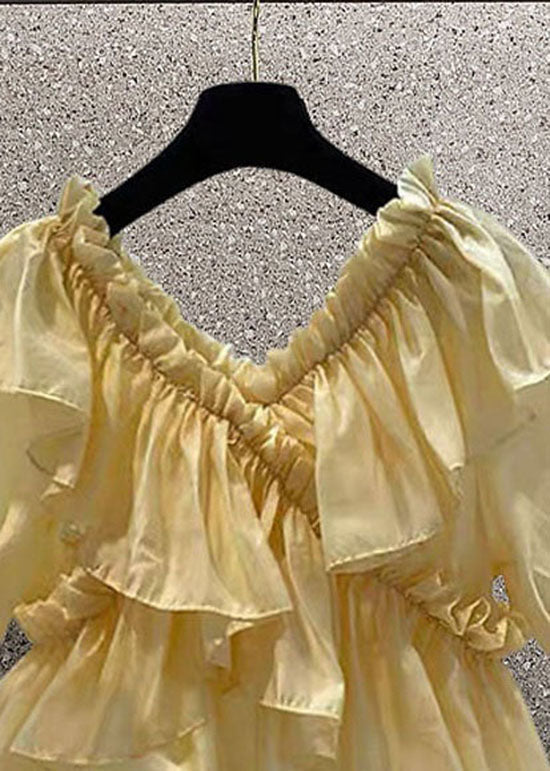 Yellow Patchwork Chiffon Blouses Ruffled V Neck Summer Ly0613
