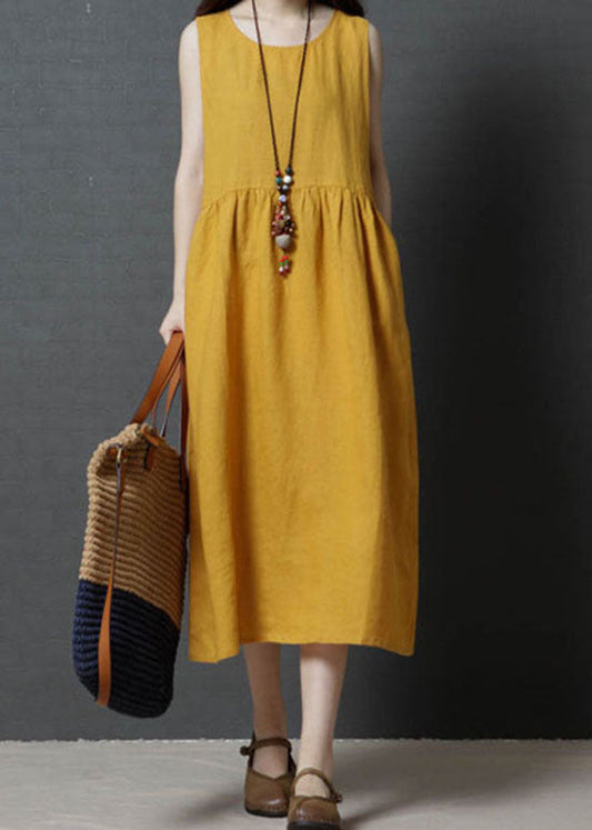 Yellow Patchwork Cotton Long Dress O Neck Wrinkled Sleeveless Lc0451