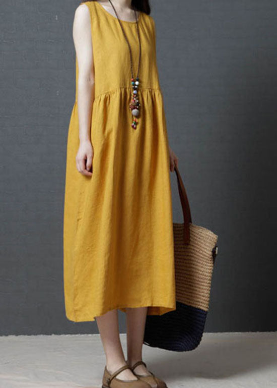 Yellow Patchwork Cotton Long Dress O Neck Wrinkled Sleeveless Lc0451