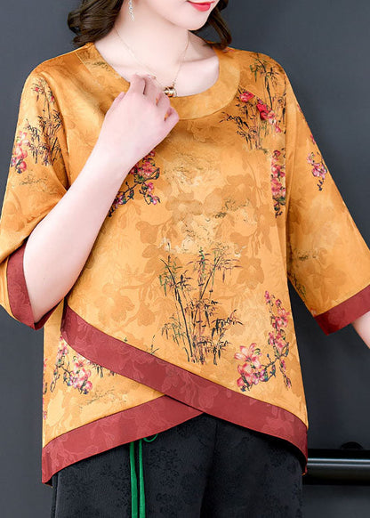 Yellow Patchwork Print Silk Blouse Top O Neck Bracelet Sleeve Ly0483