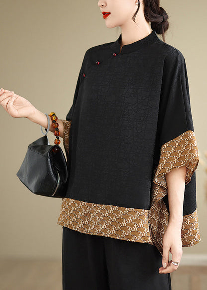 Yellow Patchwork Silk Blouse Mandarin Collar Summer Tm012
