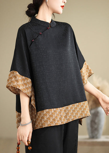 Yellow Patchwork Silk Blouse Mandarin Collar Summer Tm012