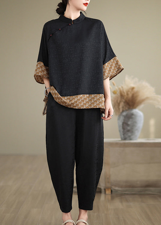 Yellow Patchwork Silk Blouse Mandarin Collar Summer Tm012
