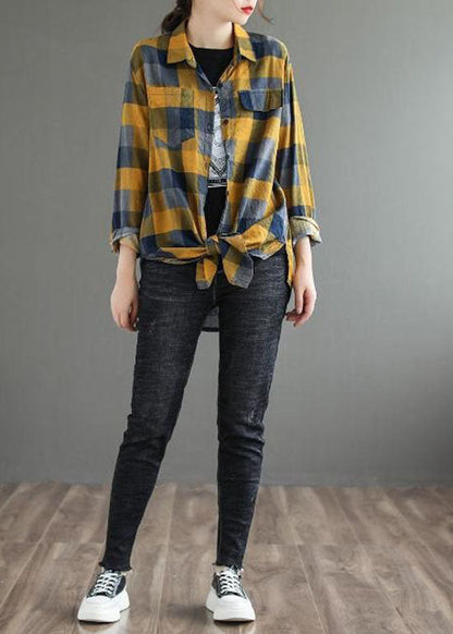 Yellow Plaid Cotton Blouse Top Peter Pan Collar Long Sleeve Ly0630