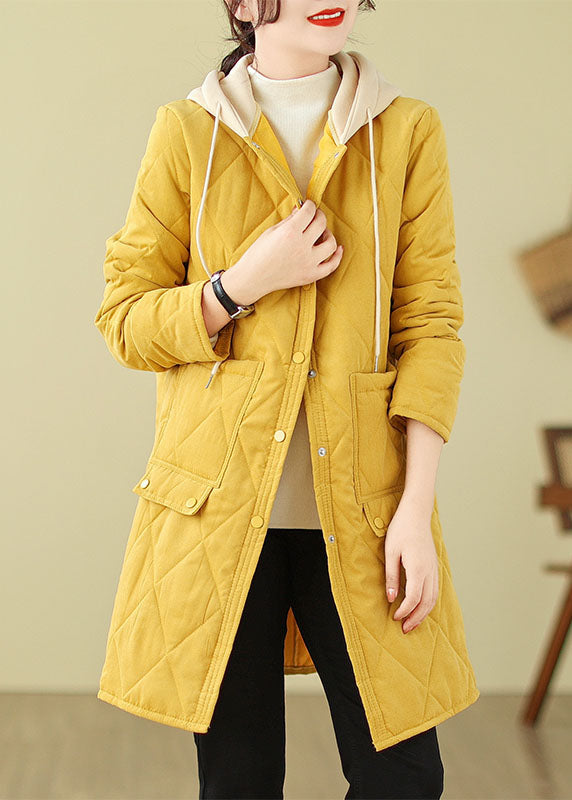 Yellow Pockets Loose Fine Cotton Filled Hooded Coat Winter Tj014
