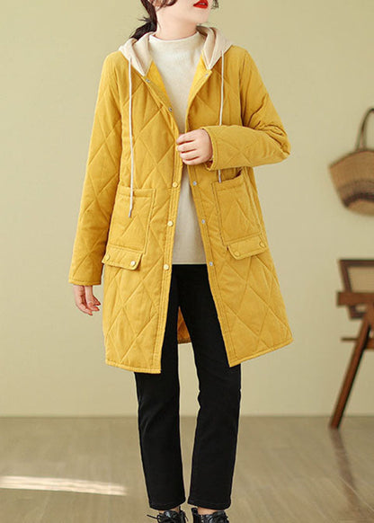 Yellow Pockets Loose Fine Cotton Filled Hooded Coat Winter Tj014