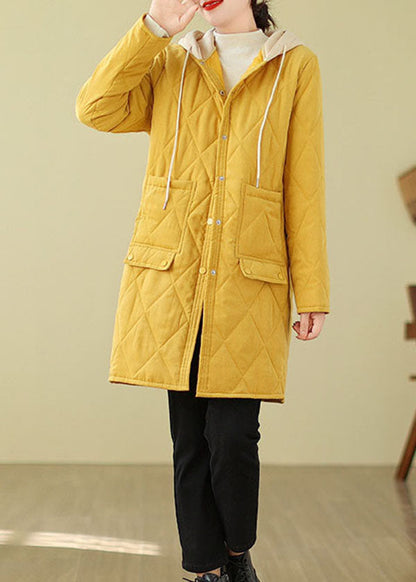 Yellow Pockets Loose Fine Cotton Filled Hooded Coat Winter Tj014