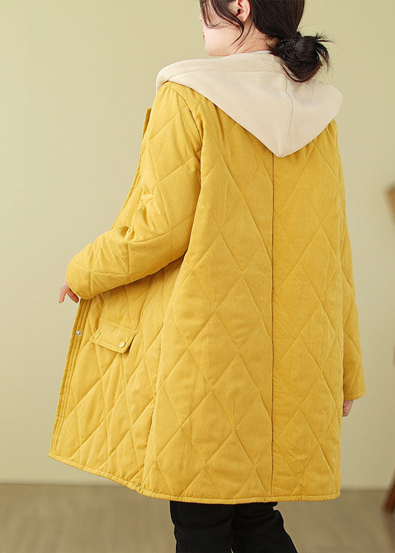 Yellow Pockets Loose Fine Cotton Filled Hooded Coat Winter Tj014