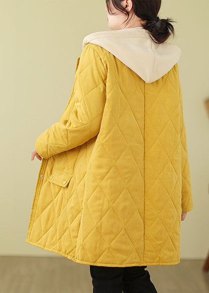 Yellow Pockets Loose Fine Cotton Filled Hooded Coat Winter Tj014