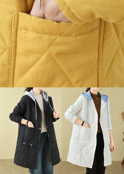 Yellow Pockets Loose Fine Cotton Filled Hooded Coat Winter Tj014