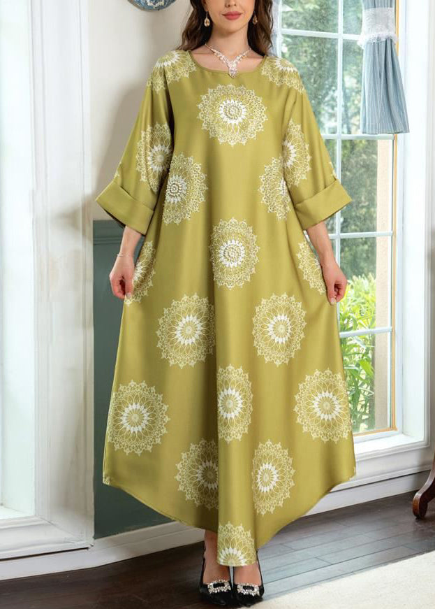 Yellow Print Cotton Long Dresses O Neck Half Sleeve Aa1024
