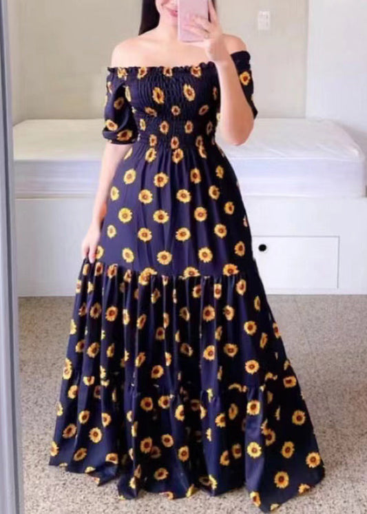 Yellow Print Cotton Long Dresses Wrinkled Short Sleeve Ww1064