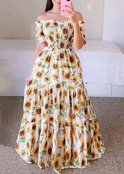 Yellow Print Cotton Long Dresses Wrinkled Short Sleeve Ww1064