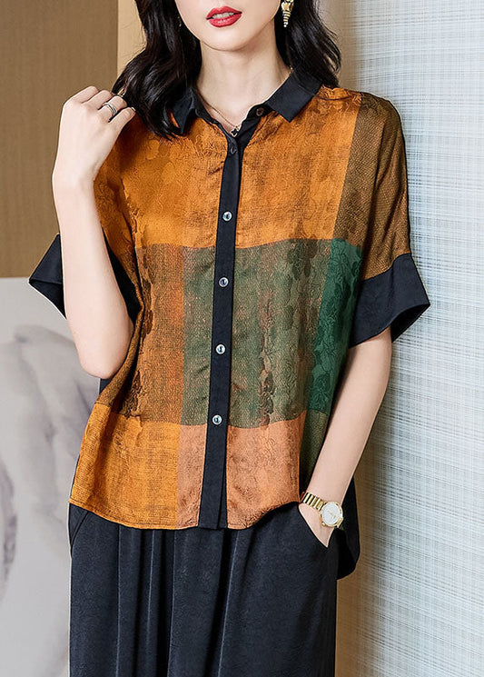 Yellow Print Patchwork Silk Blouses Peter Pan Collar Summer Tf1015