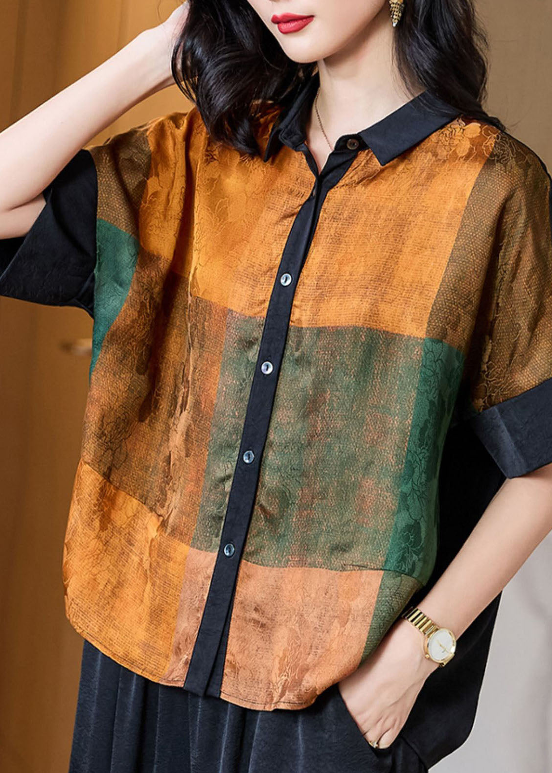 Yellow Print Patchwork Silk Blouses Peter Pan Collar Summer Tf1015