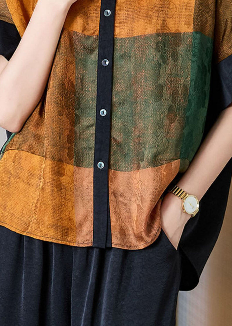 Yellow Print Patchwork Silk Blouses Peter Pan Collar Summer Tf1015